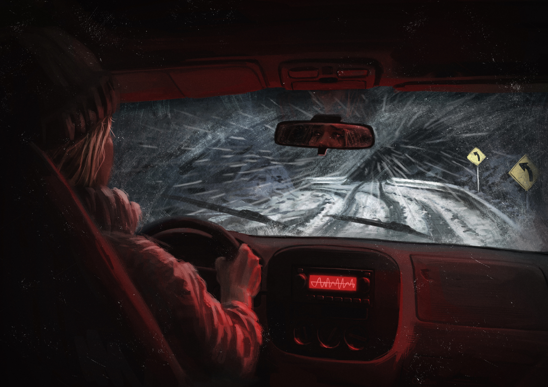 illustration of woman crying while driving a car and crying through a snow storm