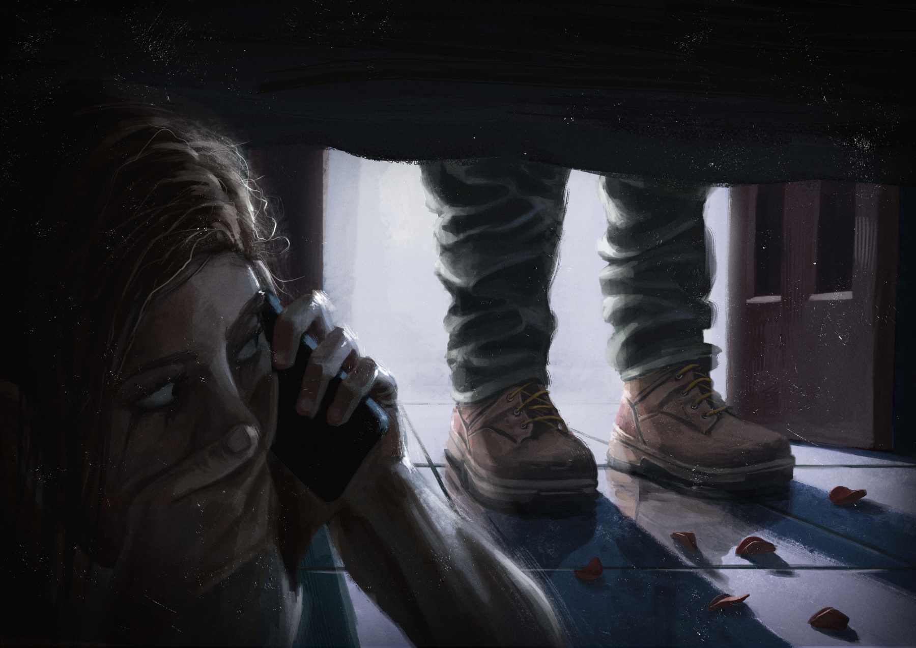 illustration of girl hiding under a bed from an intruder on the phone - rose petals on the floor
