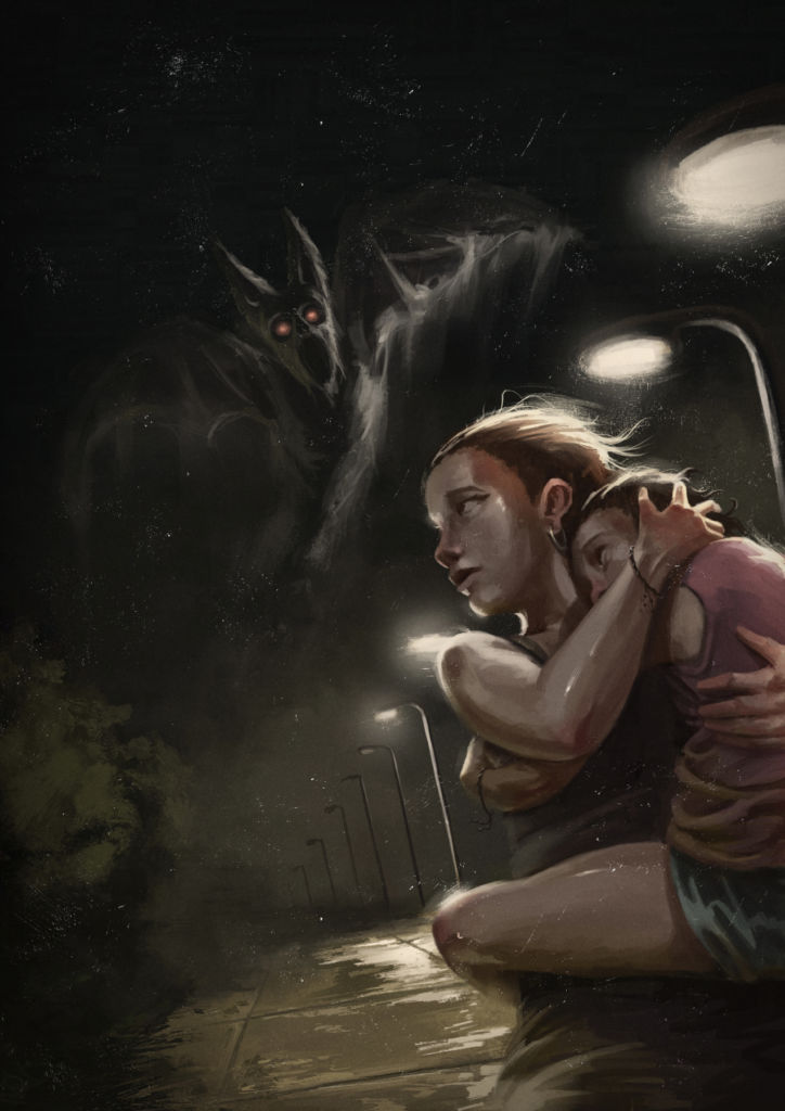 illustration of two girls hiding from a flying demon