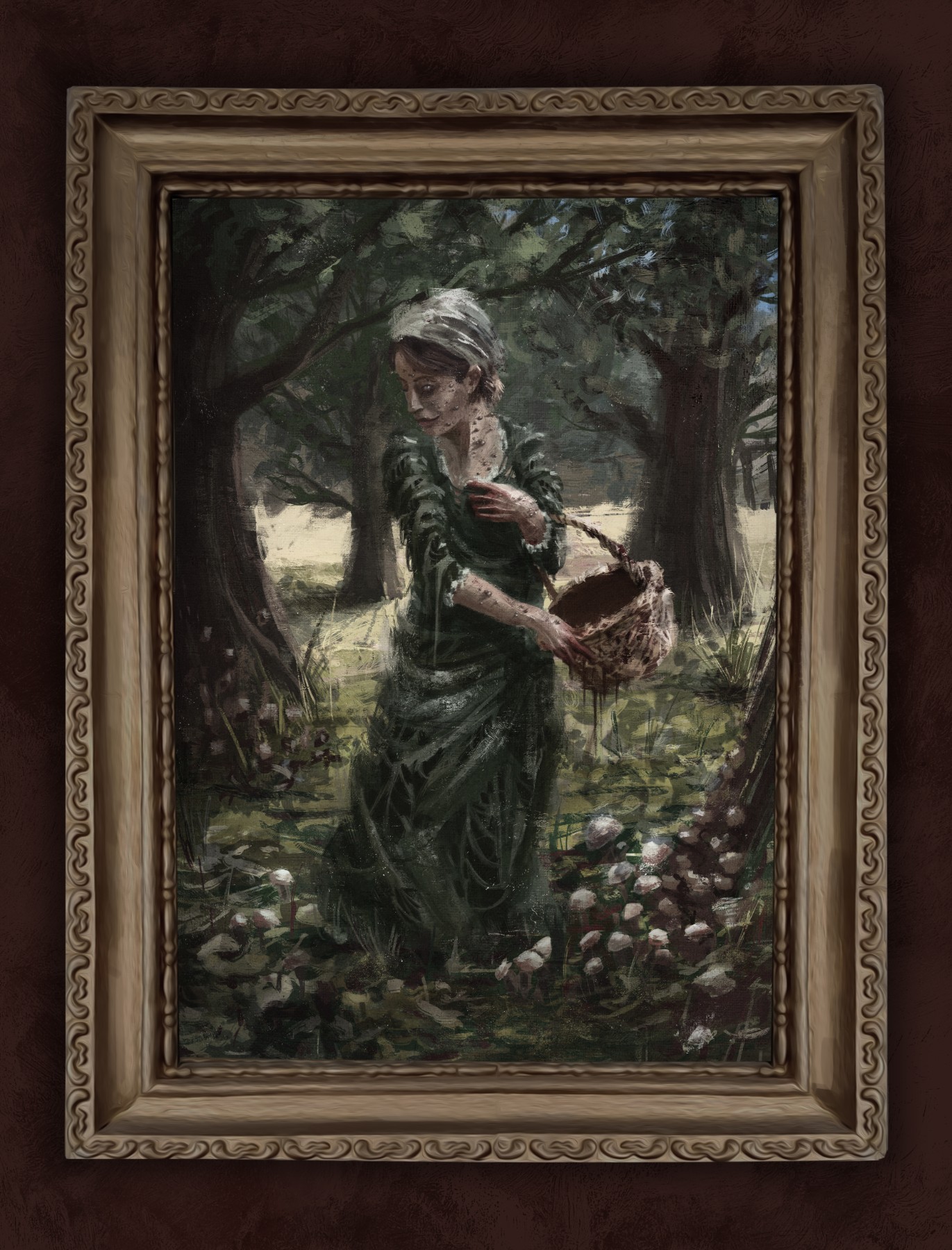 portrait of haunted woman collecting mushrooms with a bloody basket