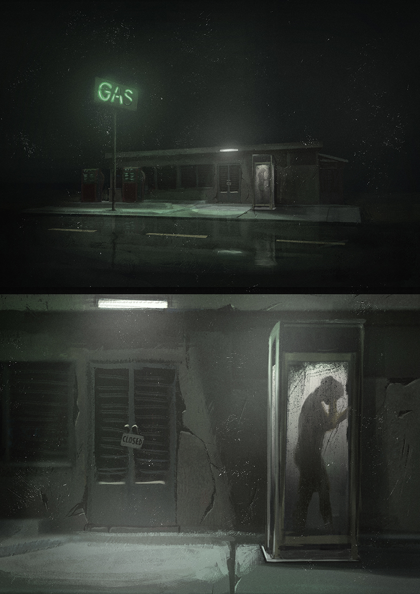 Painting of someone in a Phone Booth.
