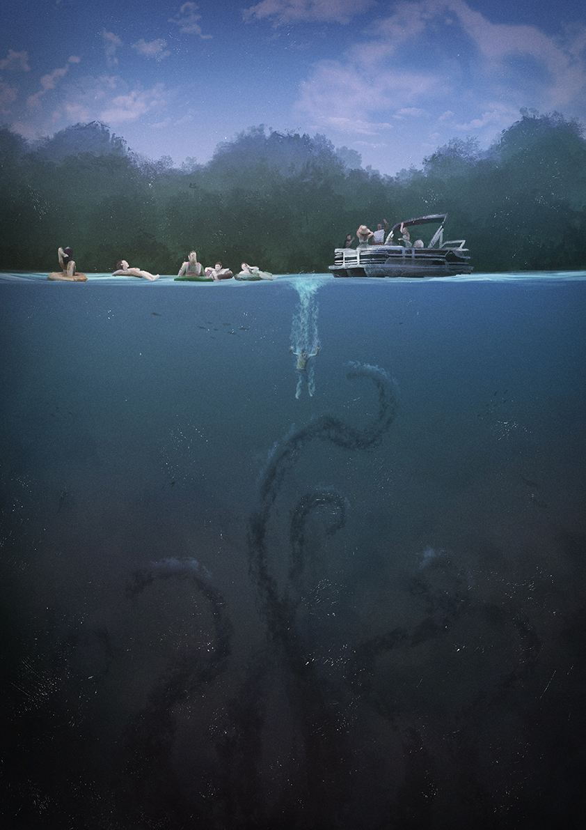 Tentacles coming up from the deep, threatening to touch people and a boat.