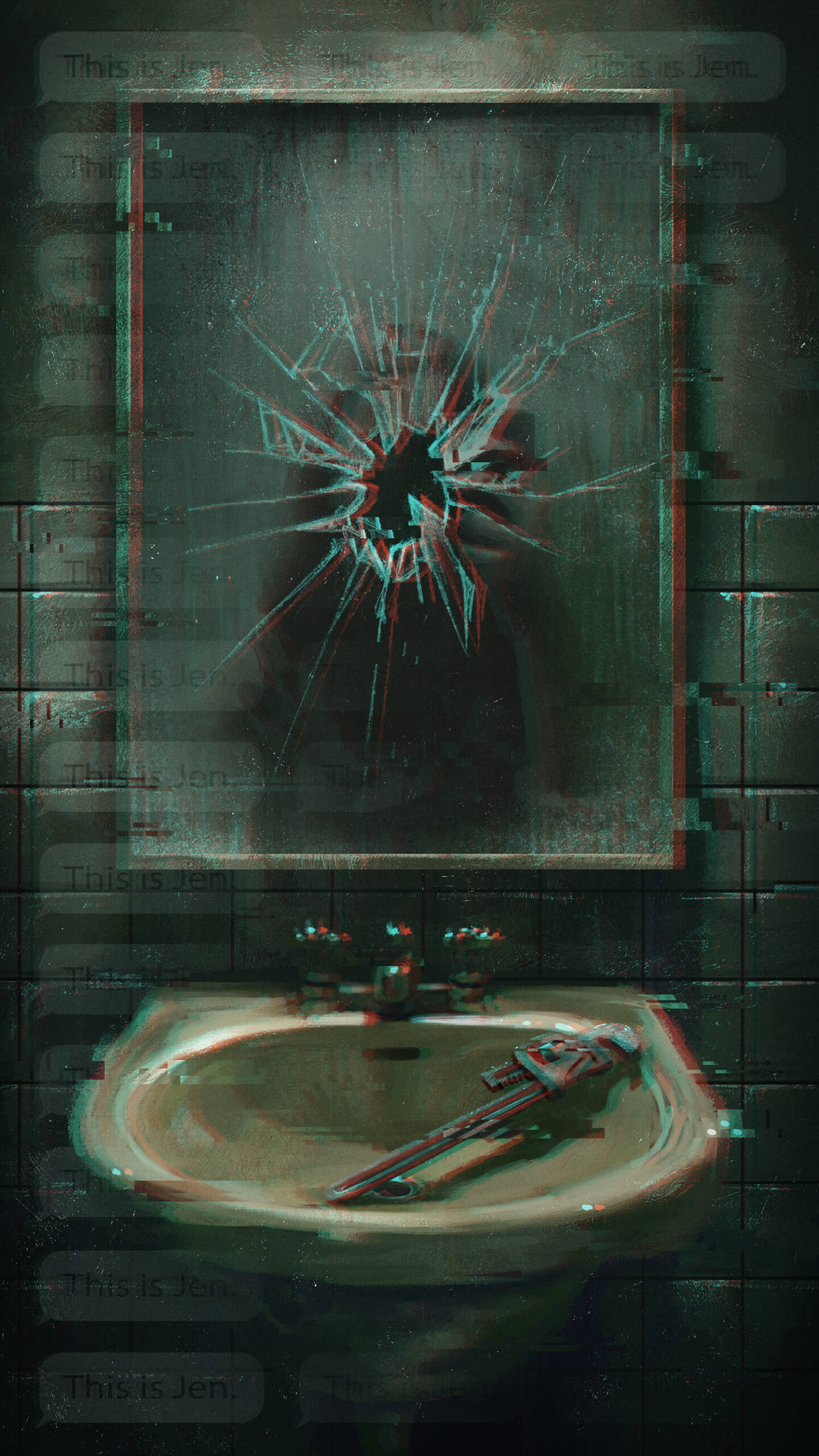 smashed bathroom mirror with a knife in the sink