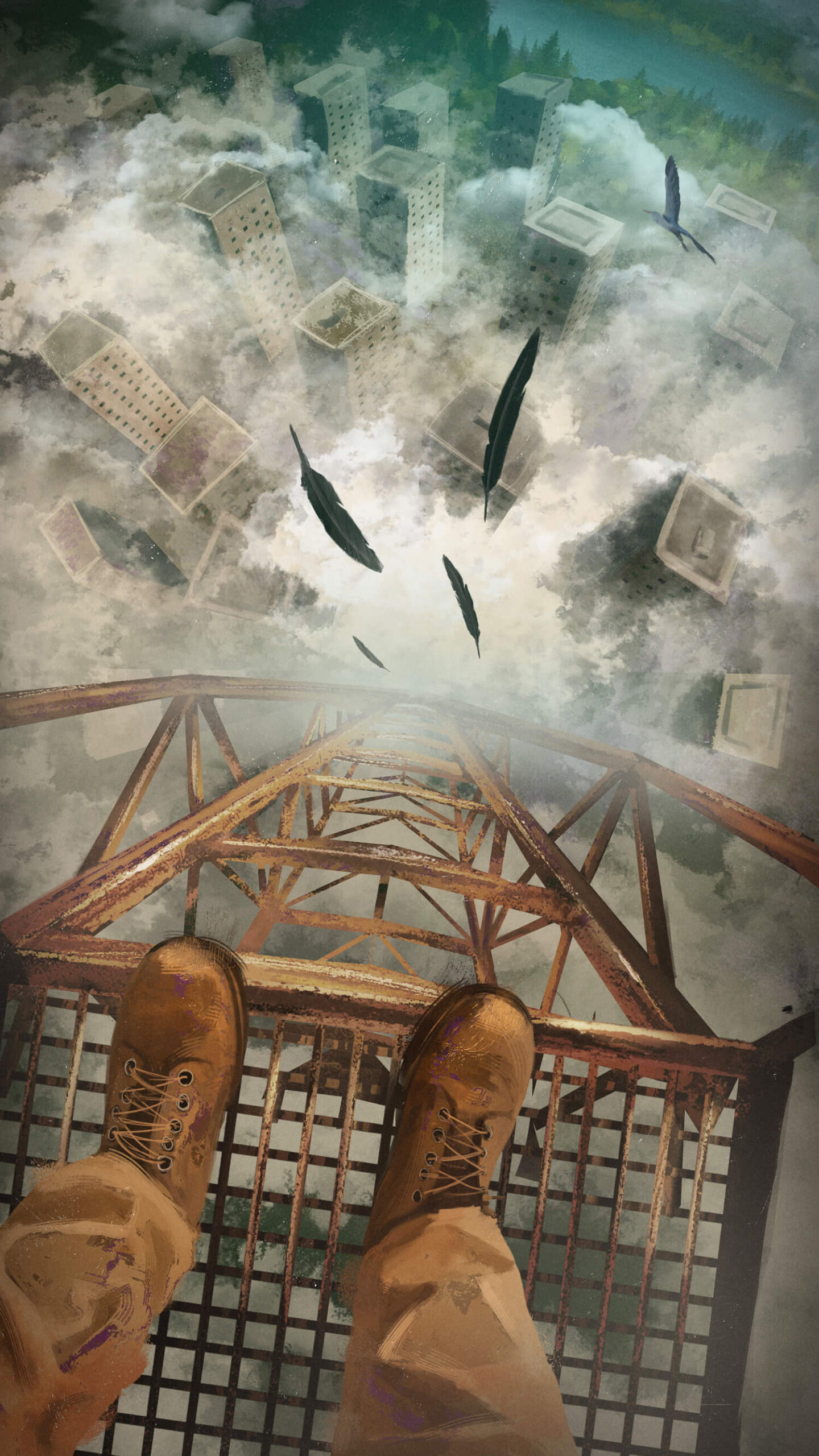 person standing on really high structure above skyscrapers