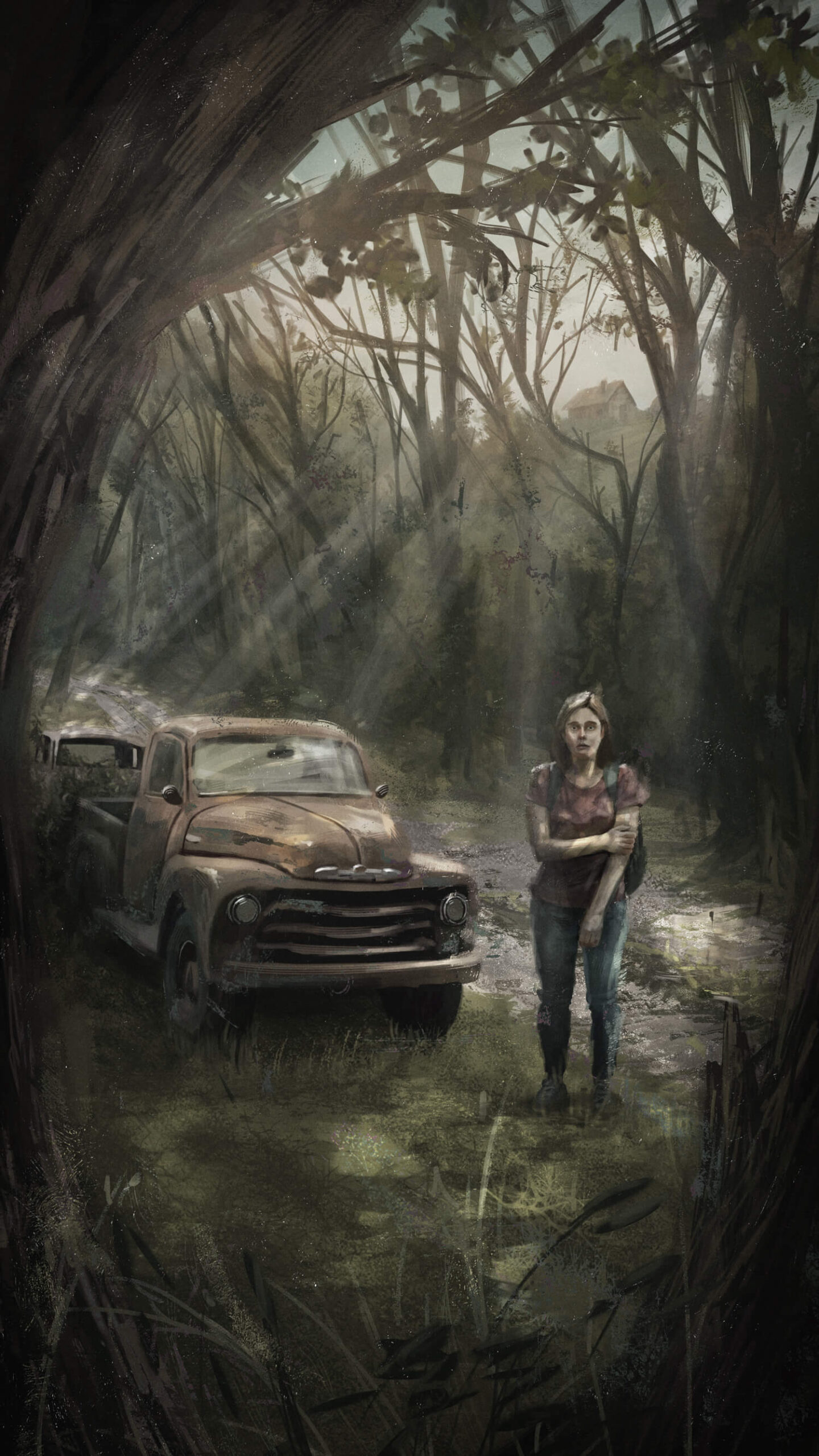 705-Over-The-Hill-And-Through-The-Woods-Full-Art girl standing next to old decrepit truck