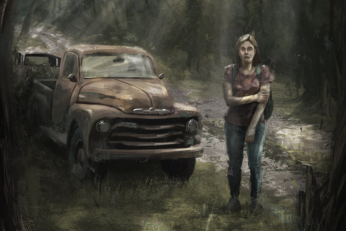 girl standing next to old decrepit truck