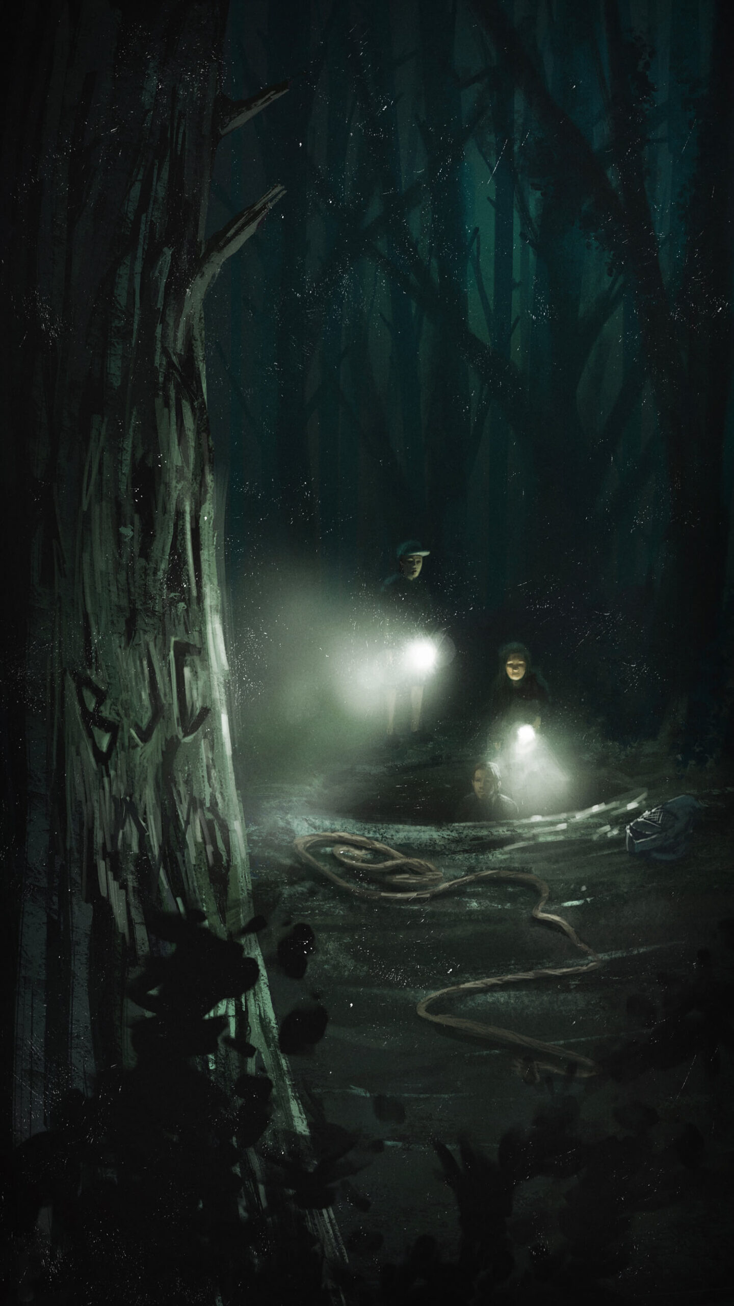 708-Deadwood-Full-Art two people in the forest with flashlights