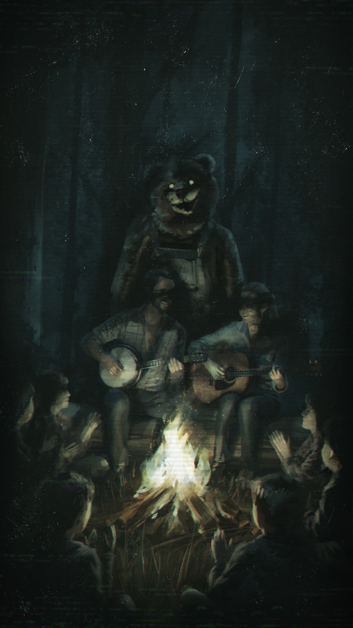 children around a campfire with a figure in a bear costume looming behind two counselors playing banjo and guitar