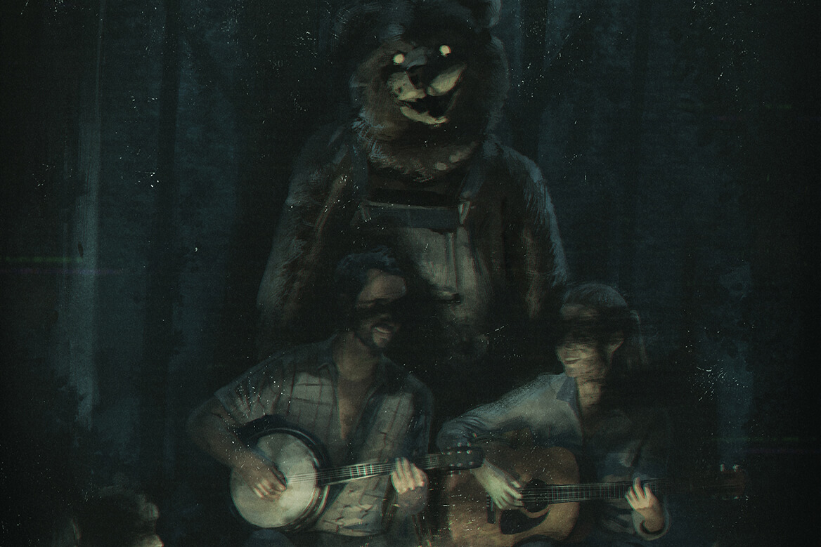 children around a campfire with a figure in a bear costume looming behind two counselors playing banjo and guitar