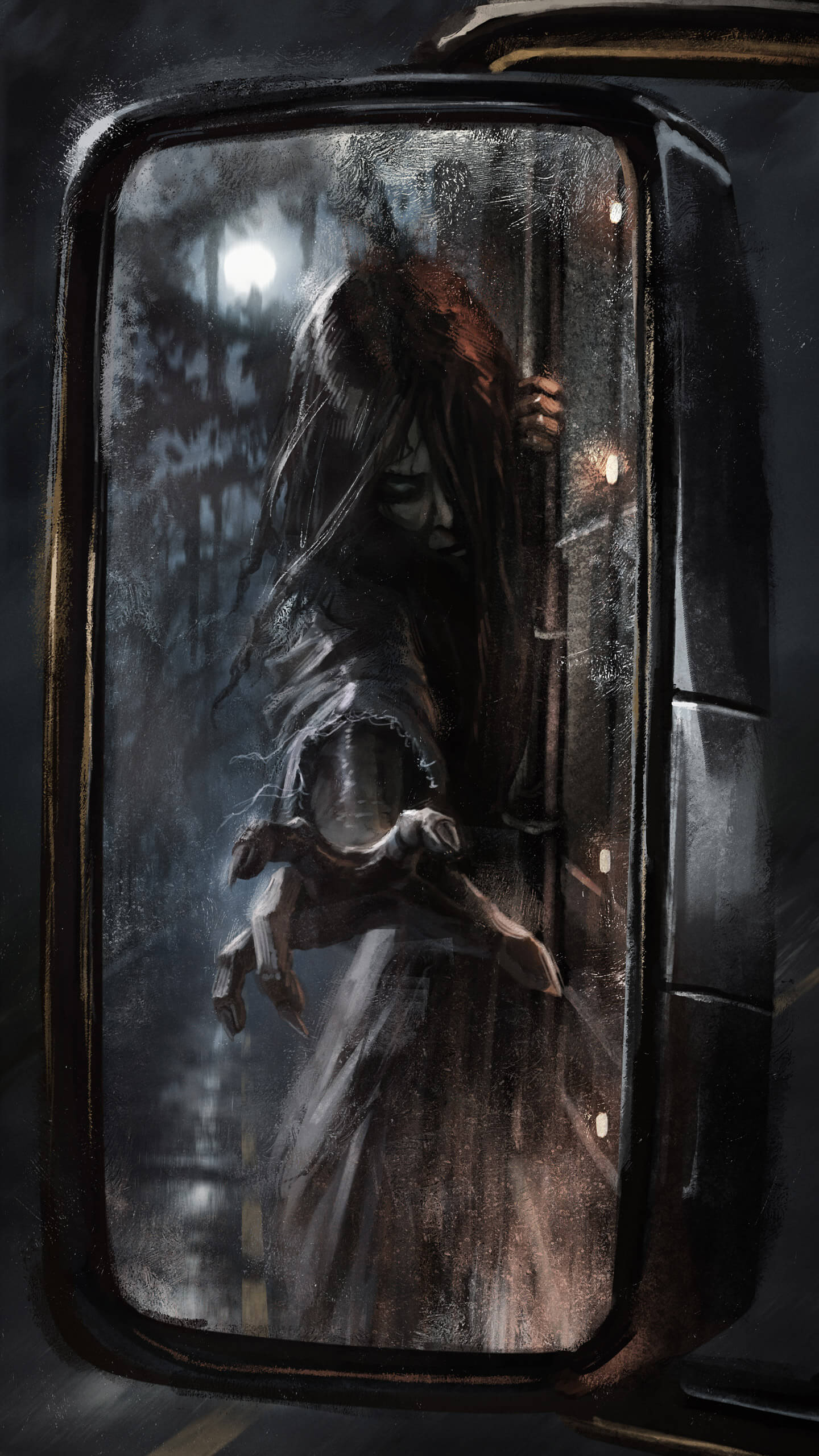 a truck side mirror reflecting a pale long-haired figure in a gown standing on a dark road