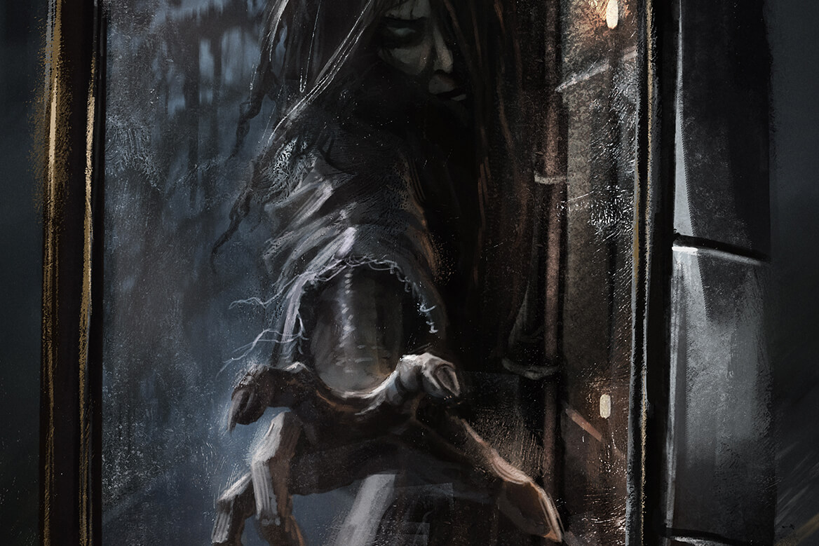 a truck side mirror reflecting a pale long-haired figure in a gown standing on a dark road