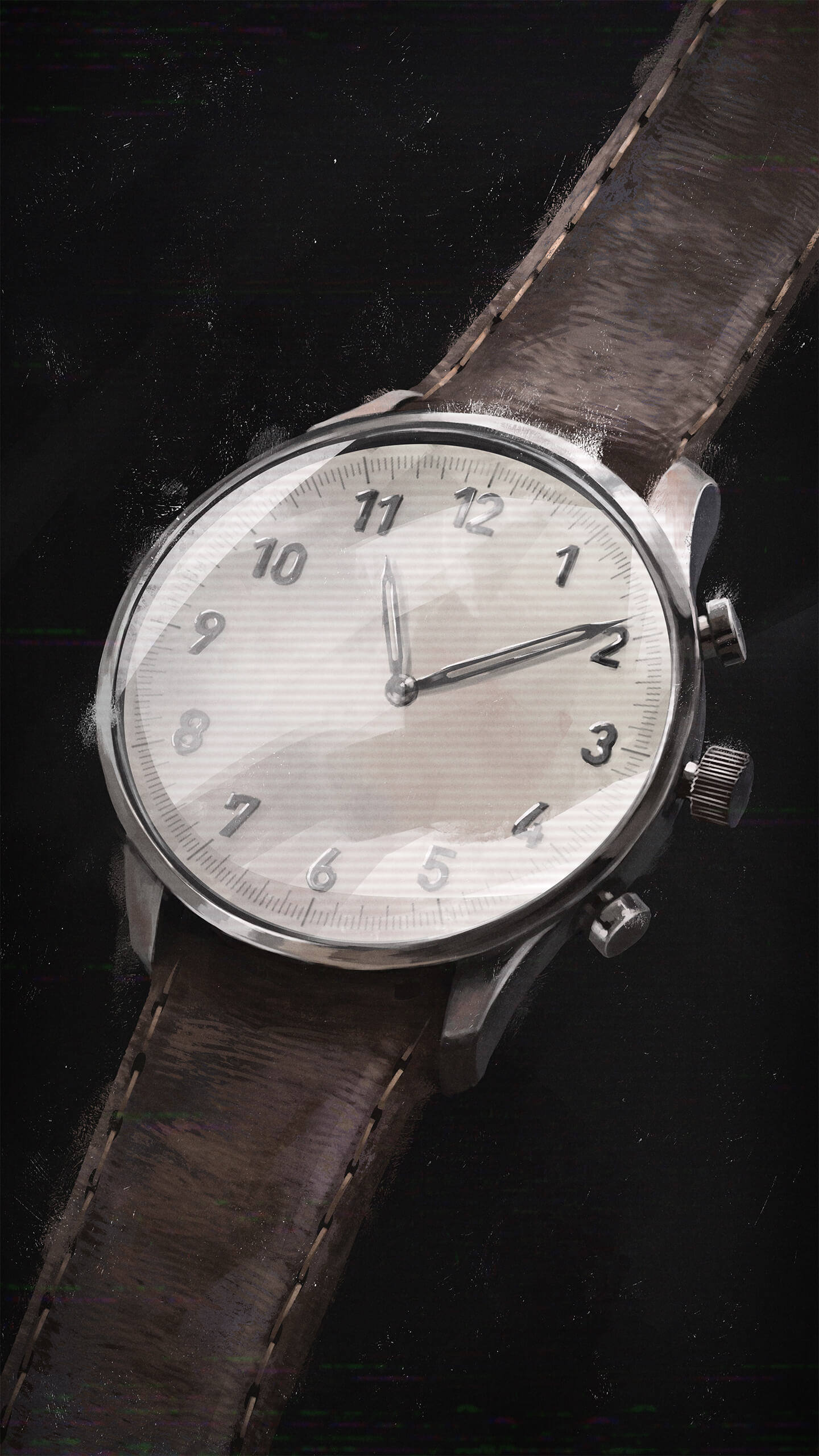 a wristwatch with a brown leather strap, its face cracked and the numbers out of order