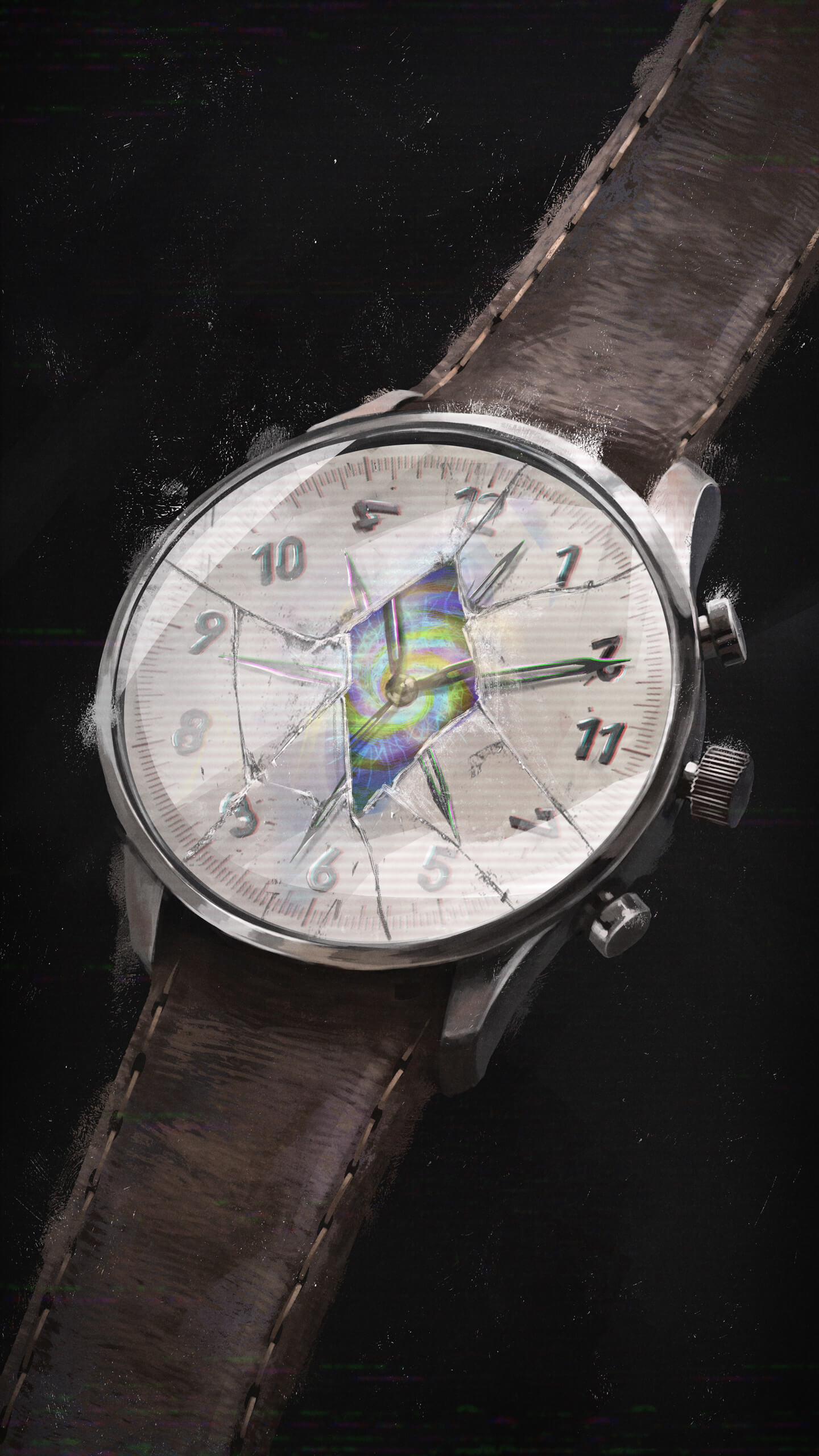 a wristwatch with a brown leather strap, its face cracked and the numbers out of order