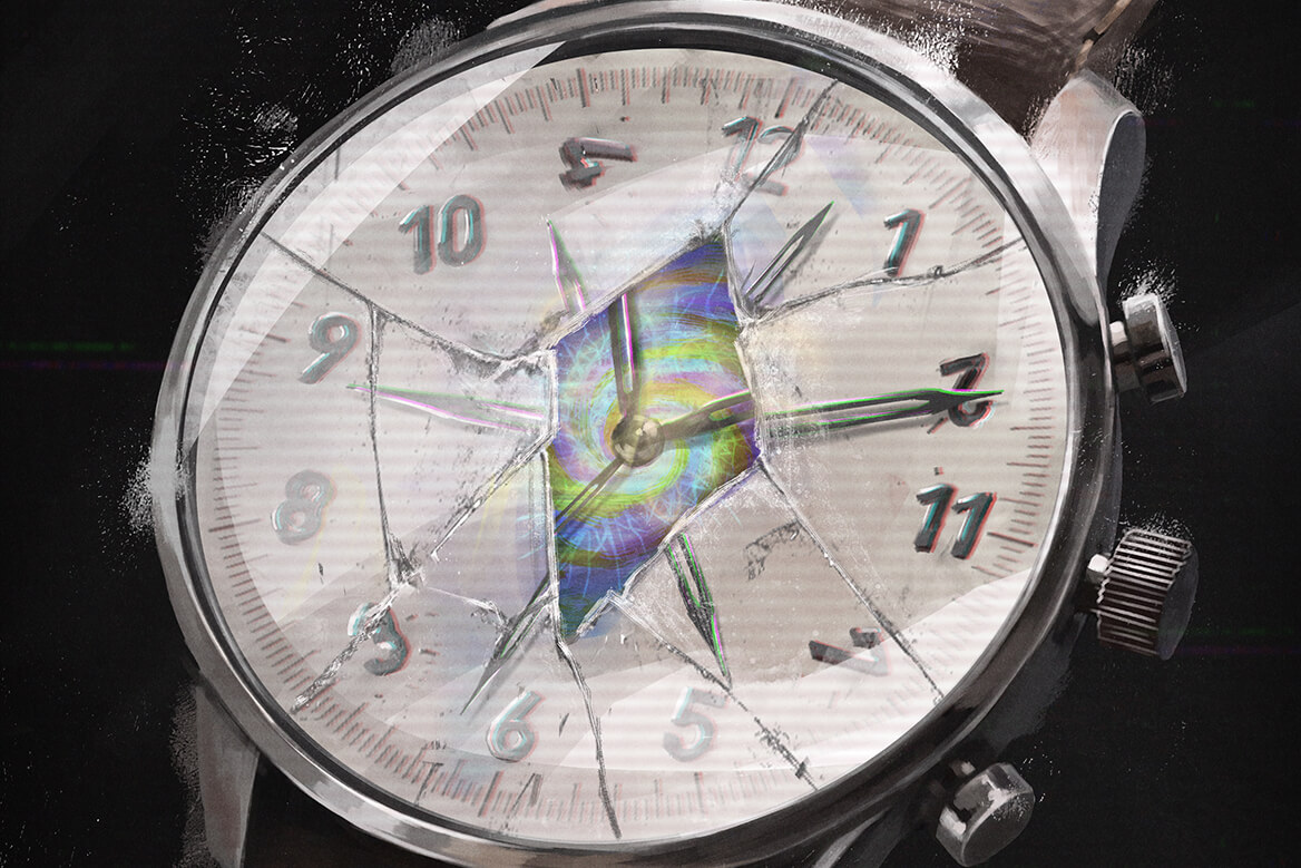 a wristwatch with a brown leather strap, its face cracked and the numbers out of order