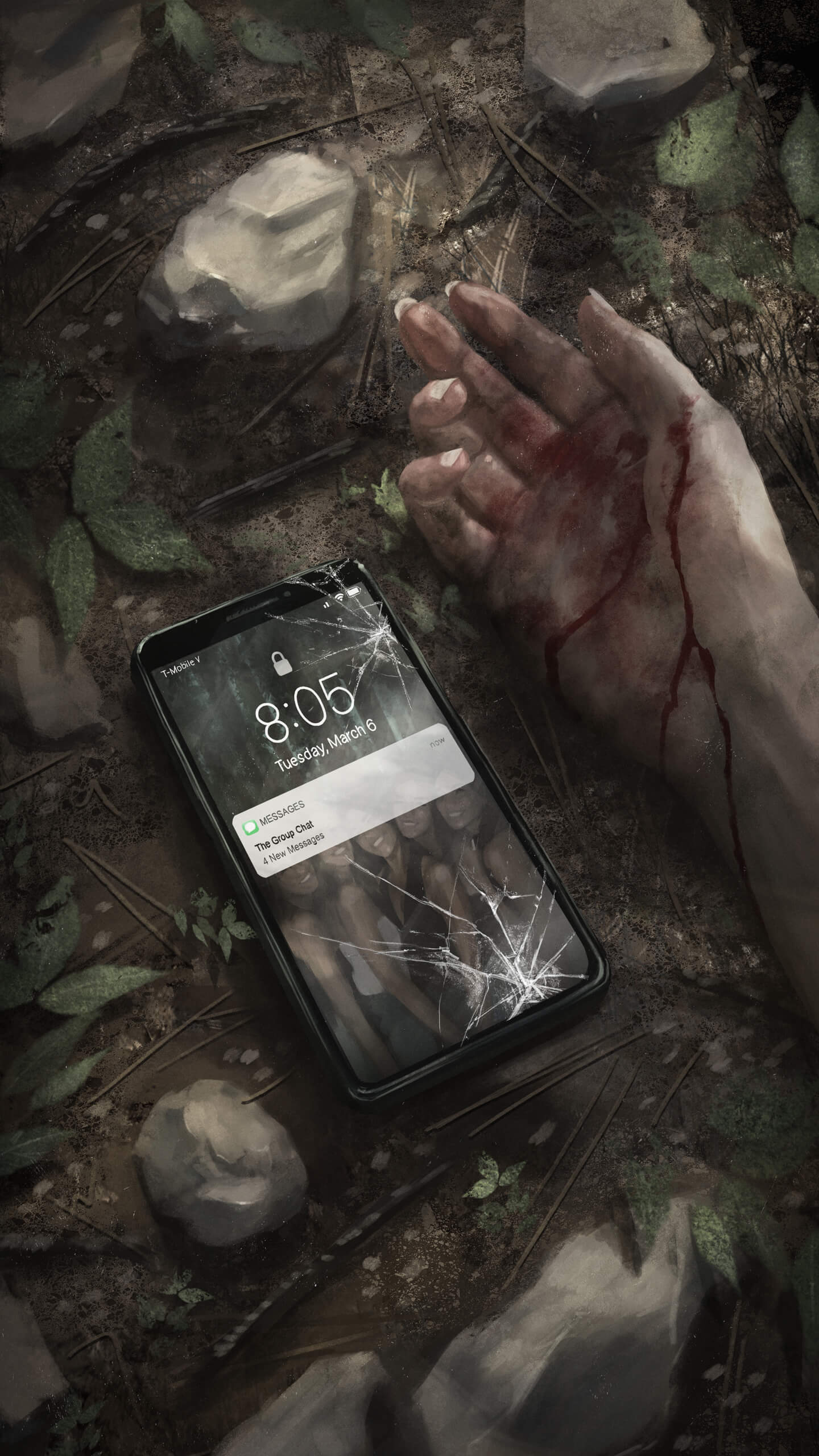 a cracked phone lying on rocky ground beside a bloodied outstretched hand