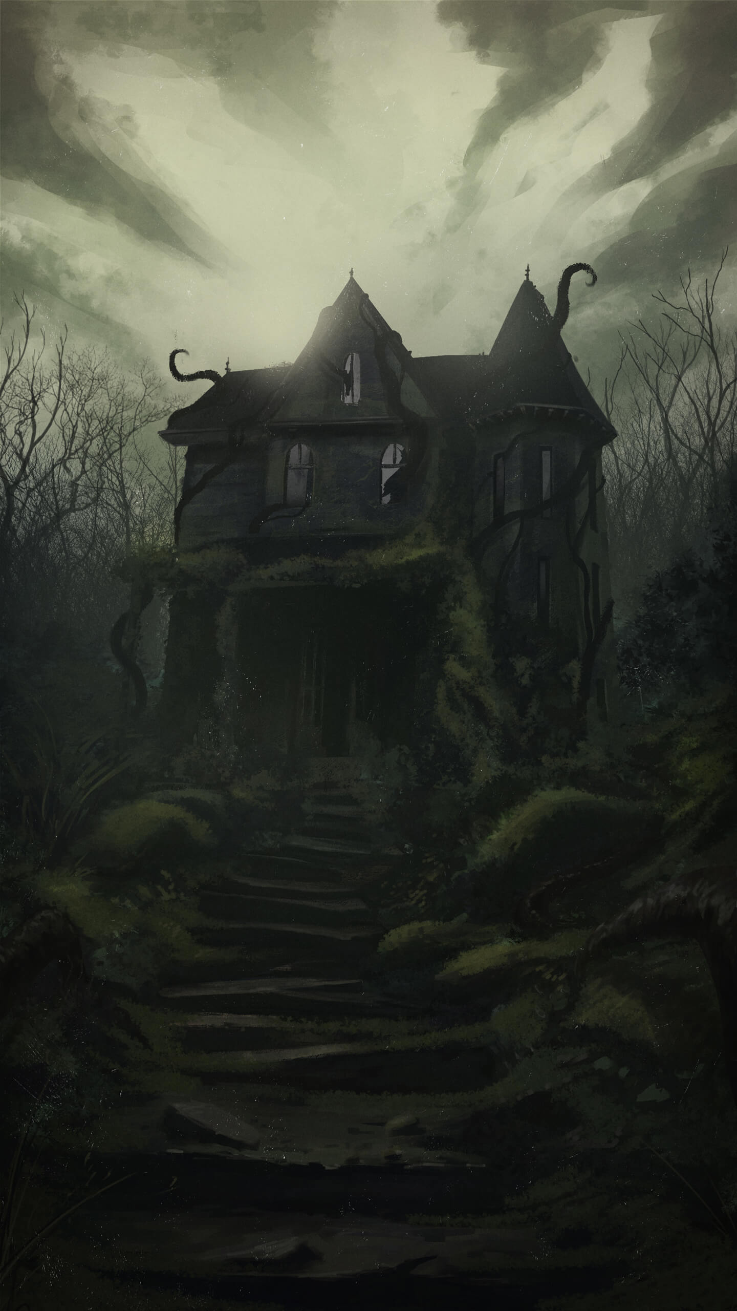 a derelict overgrown house at the top of mossy stone steps under a stormy sky