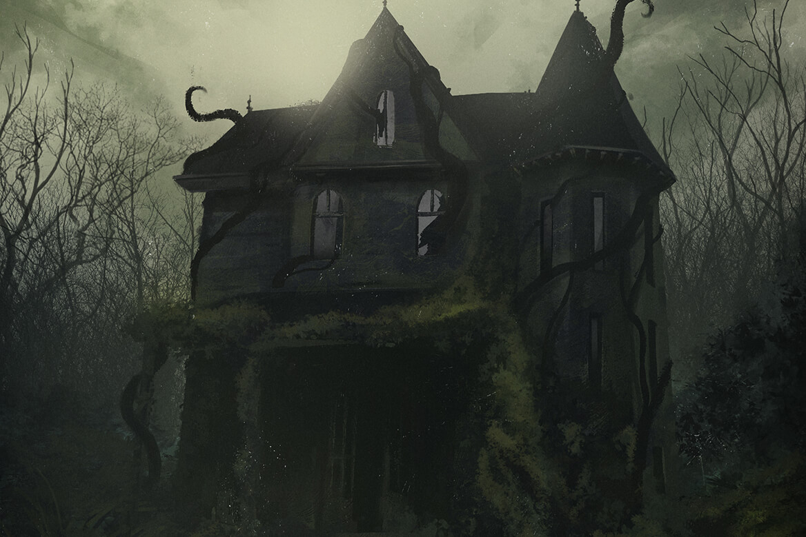 a derelict overgrown house at the top of mossy stone steps under a stormy sky