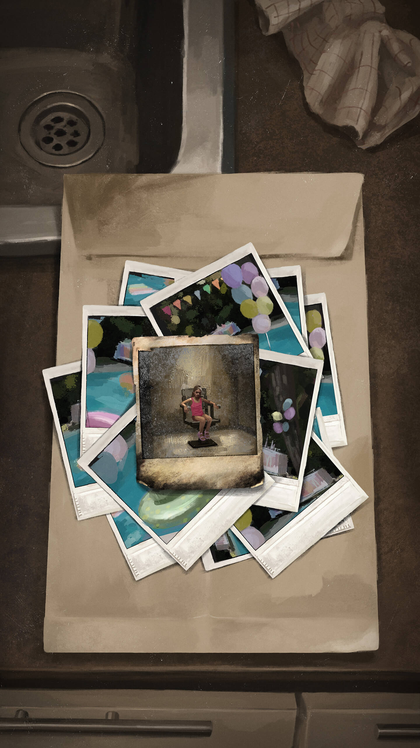 instant photos fanned out on a paper envelope beside a kitchen sink, one older photo in the centre