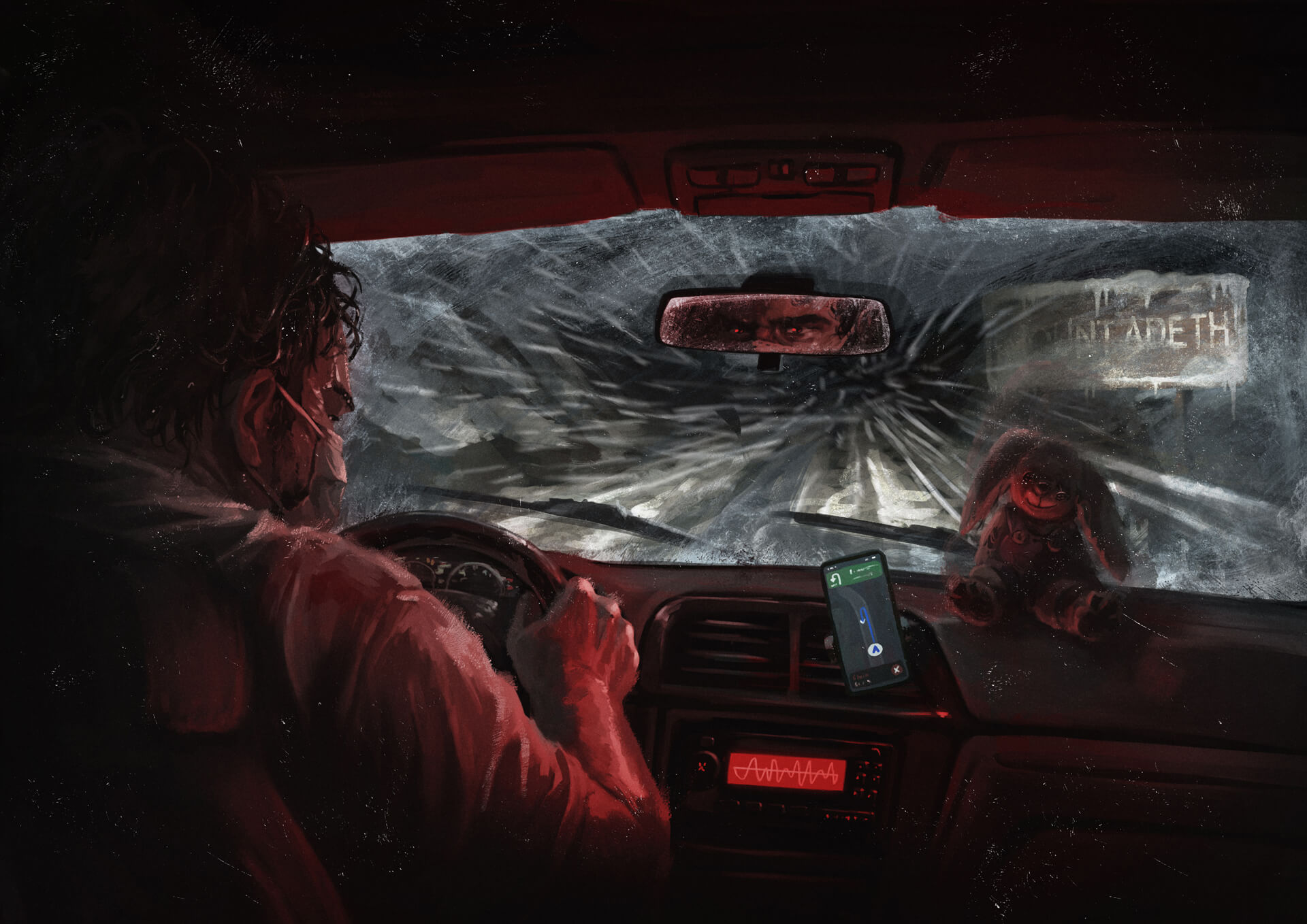 view from a car's back seat at night, the driver at the wheel behind a shattered windscreen with a glowing phone on the dash