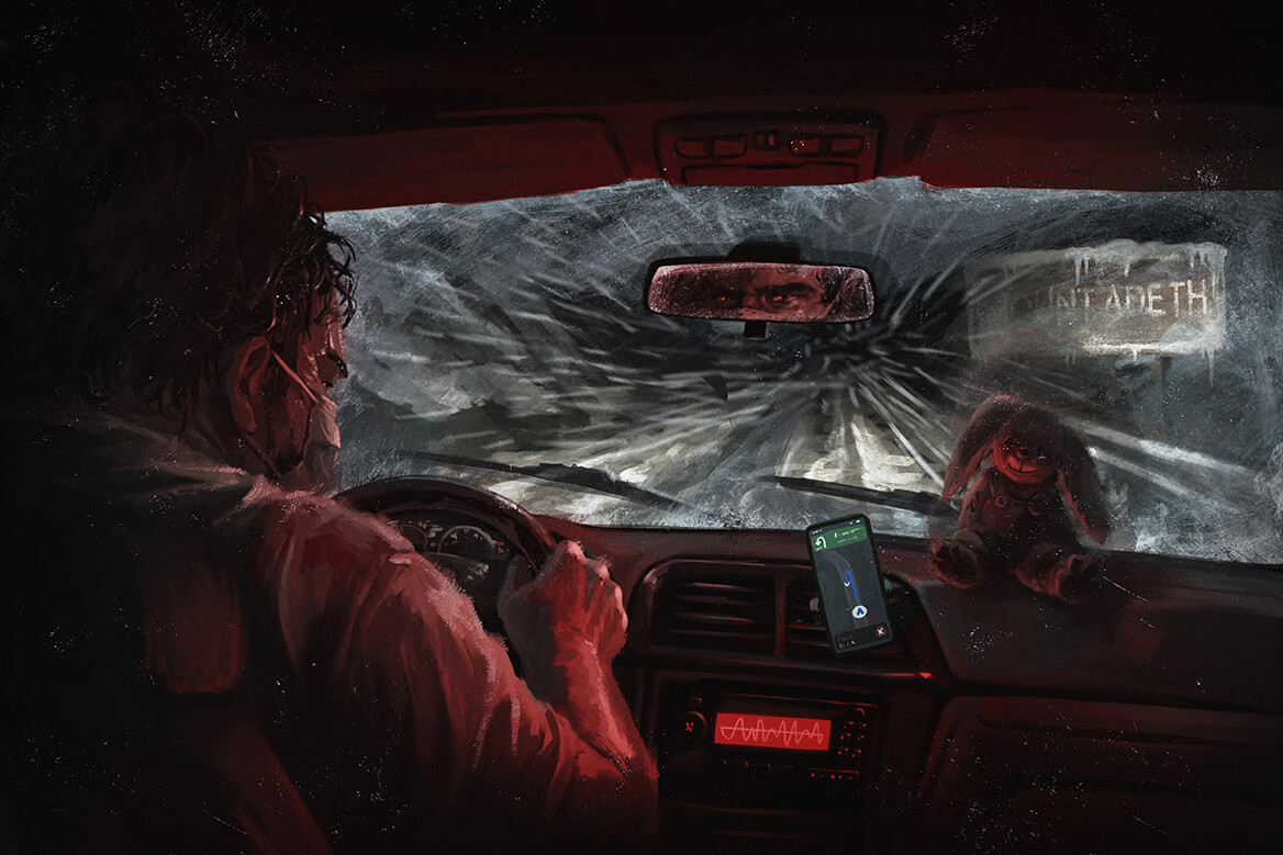 810-Rideshare-From-Hell-Header view from a car's back seat at night, the driver at the wheel behind a shattered windscreen with a glowing phone on the dash